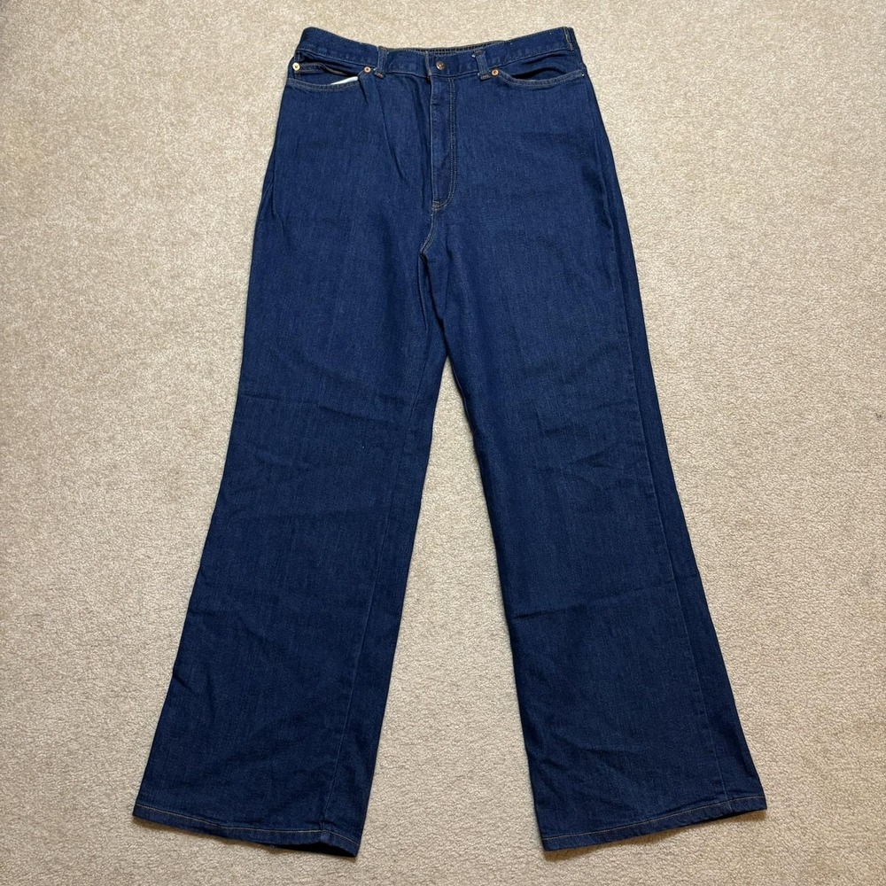 Vtg Levis Jeans 34x32 Dark Wide Flare Leg Orange Tab Denim Stretch Waist USA 80s